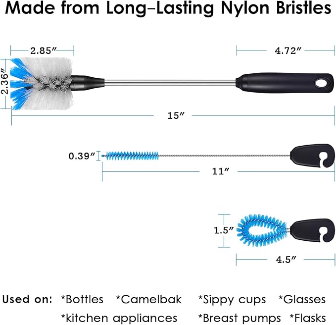 3-in-1 Stainless Steel Bottle Brush and Straw Cleaning Set, Long Handle Scrub Brush with Replaceable Head for Water Bottles, Glasswares, Mugs, Flasks, Tumblers, Vases, Flat Head