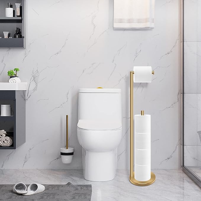 RRM Toilet Paper Holder Stand, Bathroom Free Standing Toilet Paper Holder with Reserve Storage 3-4 Toilet Paper Rolls, Double Rod 26.4-inch Stainless Steel Toilet Paper Storage (Golden)