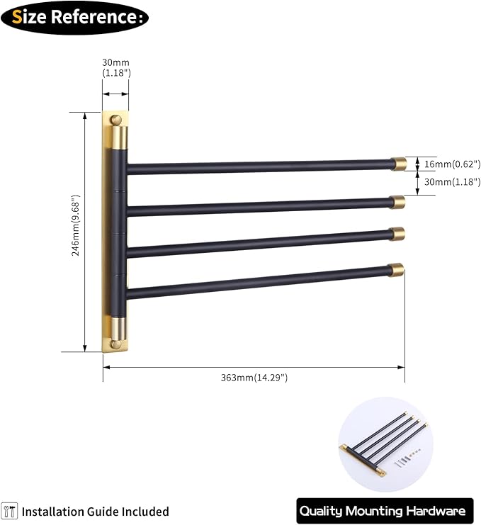 GERZWY Wall Mount Bath Towel Rack with 4 Arms Hanger Towel Holder Bathroom Swing Arm Towel Bars Organizer Stainless Steel (Black & Gold) HYG04-BD