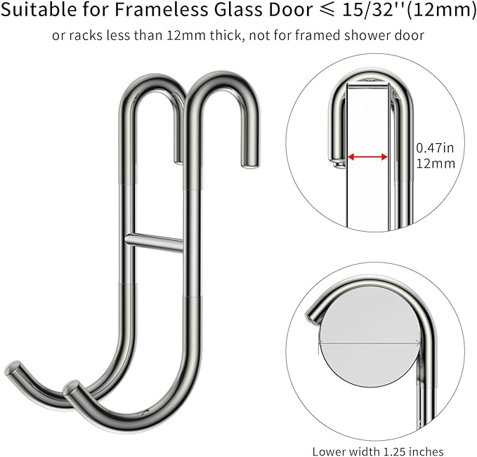 Over Shower Glass Door Hooks, 3 Pack Silver 304 Stainless Steel Shower Door Hooks, Bathroom Frameless Drilling-Free Hanger, Towel Hooks, for Bathing Suits, Robe, Towel, Squeegee, Loofah, Shaver