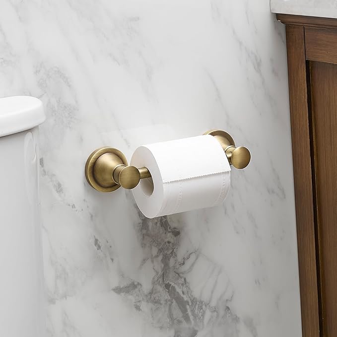 BESy Wall Mounted Toilet Paper Roll Holder Rustproof Tissue Paper Holder Bathroom Flexible Pivoting Handle Toilet Tissue Roll Holder, Antique Brass, Stainless Steel