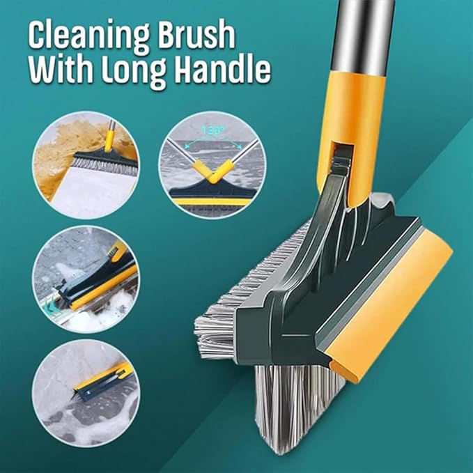 Bloame Cleaning Brush, 3 in 1 Floor Scrub Brush with Squeegee, 180° Rotating Long Handle Grout Crevice Brush, Heavy-Duty Soft Scraper for Cleaning Bathroom, Glass, Kitchen & Patio (White)