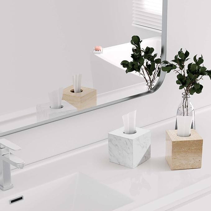 Natural Travertine Marble Tissue Box Holder Cover, Square Cube Tissue Box Holder with Open Bottom for Bathroom Vanity Tops, Bedroom Dressers, Kitchen Countertop, Travertine Beige(NS022)