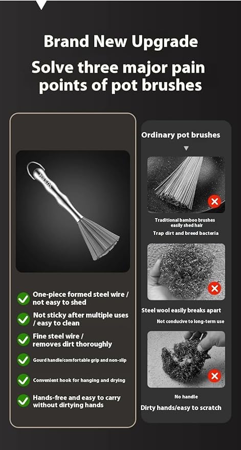 Stainless Steel Scrubber with Handle, Durable Metal Dish Brush for Kitchen Cleaning,One-Piece Molding Process, Hands-Free Cleaning, Suitable for Frying Pans, Plates, Bowls，Cast Iron Skillet