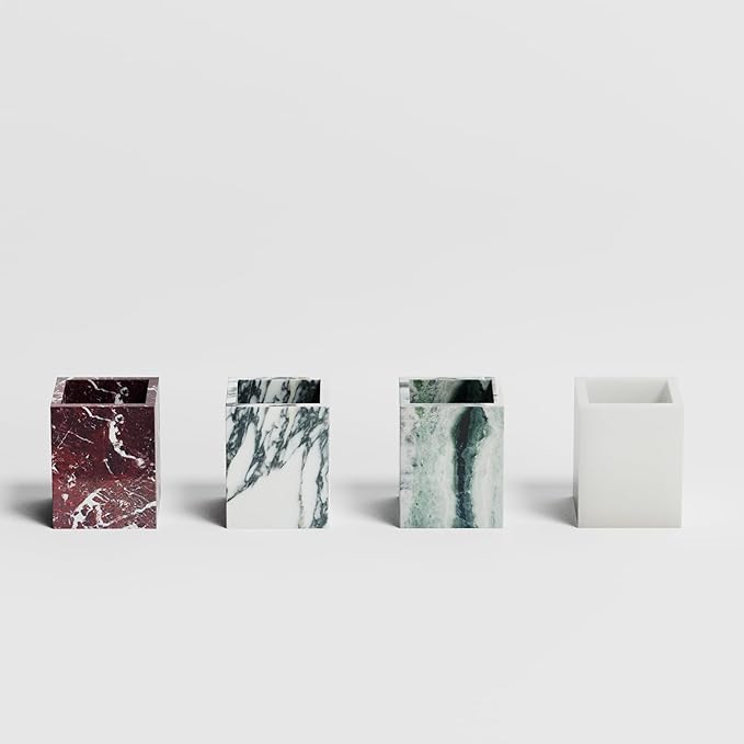 Marble Toothbrush Holder – 4.1" Genuine Stone Bathroom Cup for Makeup Brushes, Pens & Utensils | Natural Marble Organizer for Vanity, Countertop & Home Décor (Arabescato White & Grey)