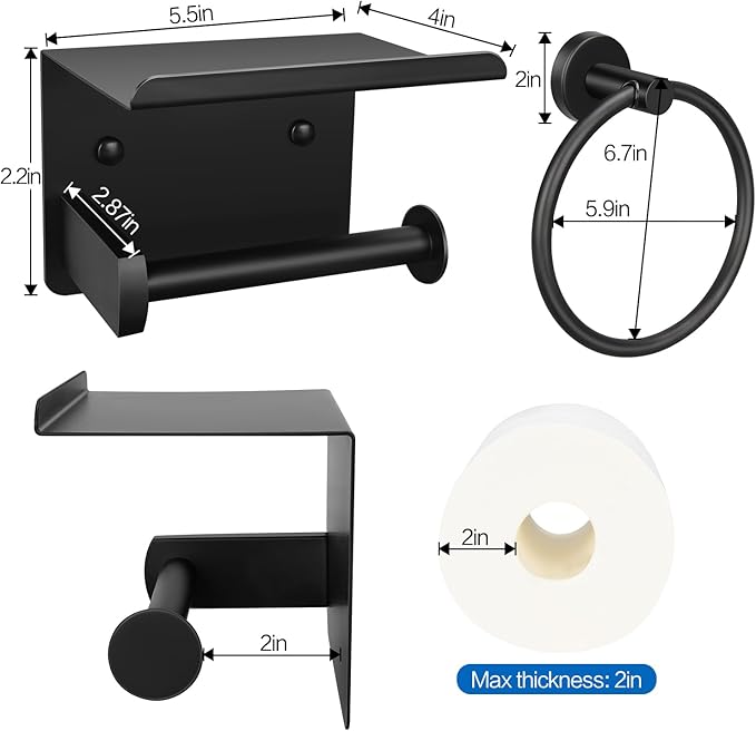 1pcs Toilet Paper Holder with Shelf and 1pcs Towel Ring Set, Matte Black Stainless Steel Bathroom Hardware Set