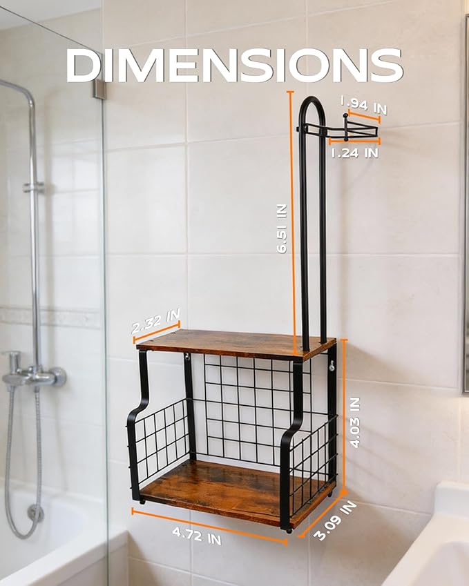 Bathroom Toilet Paper Holder with Storage Shelf, Wall Mount Toilet Paper Holder Stand with Metal Basket, Bathroom Tissue Storage Organizer for Rolls, Magazines， Phone & Shower Essentials