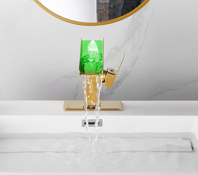 Gold Bathroom Faucets LED Waterfall Spout One Hole RGB 3 Colors Light Changing Lavatory Vanity Sink Faucet Brass Single Handle Modern Washbasin Bath Basin Tap Contemporary with Water Supply Lines