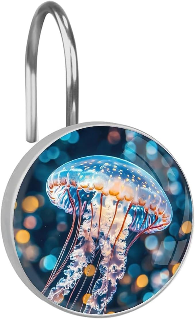 Jellyfish Decorative Shower Curtain Hooks,12 Pcs Rust Proof Glass Surface Stainless Steel Curtain Rings for Bathroom Bedroom Living Room Shower Rods Decor