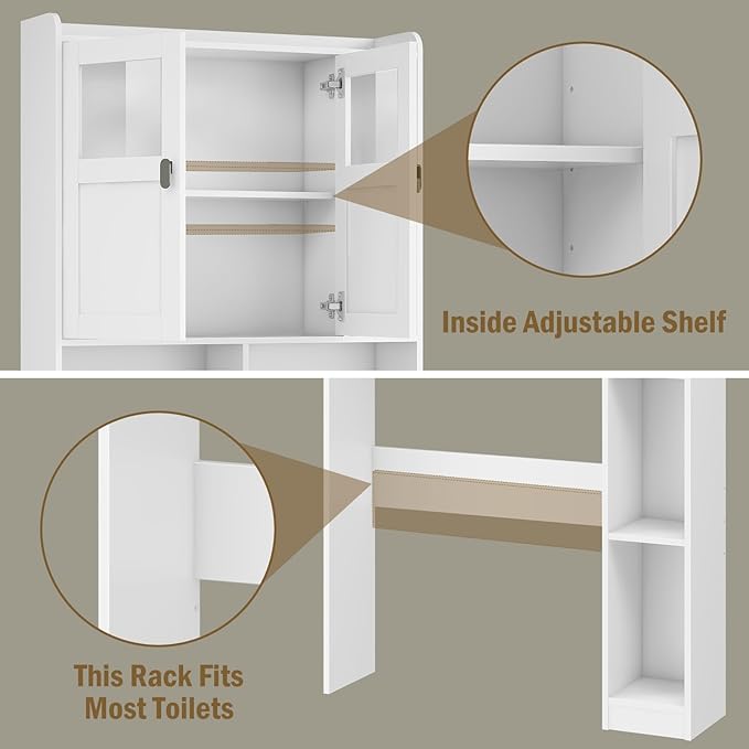 Vabches Over The Toilet Storage Cabinet, Bathroom Shelf Over Toilet with Glass Doors and Adjustable Shelves, White Freestanding Home Space Save Toilet Rack for Restroom, Bathroom, Laundry