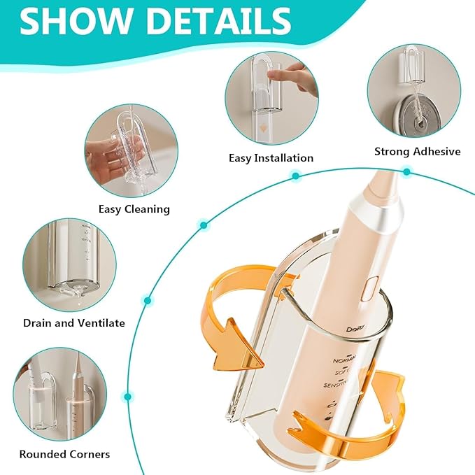 4 Pack Electric Toothbrush Holders for Bathroom, Wall Mounted Clear Electric Toothbrush Organizer, Self Adhesive Bathrooms Toothbrush Storage for Shower, Saving Space and Keep Drying