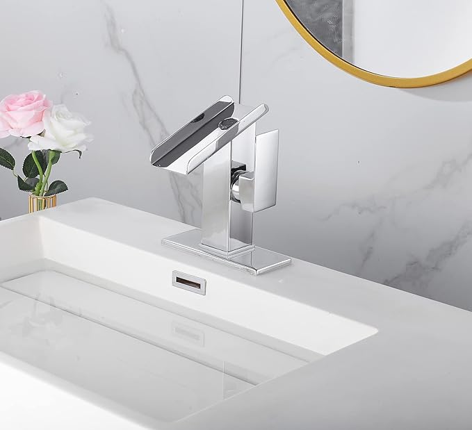 Chrome Bathroom Sink Faucet One Hole LED Waterfall Spout RGB 3 Colors Light Changing Lavatory Vanity Faucets Brass Single Handle Modern Washbasin Bath Tap Include Plates to Cover Holes Residential