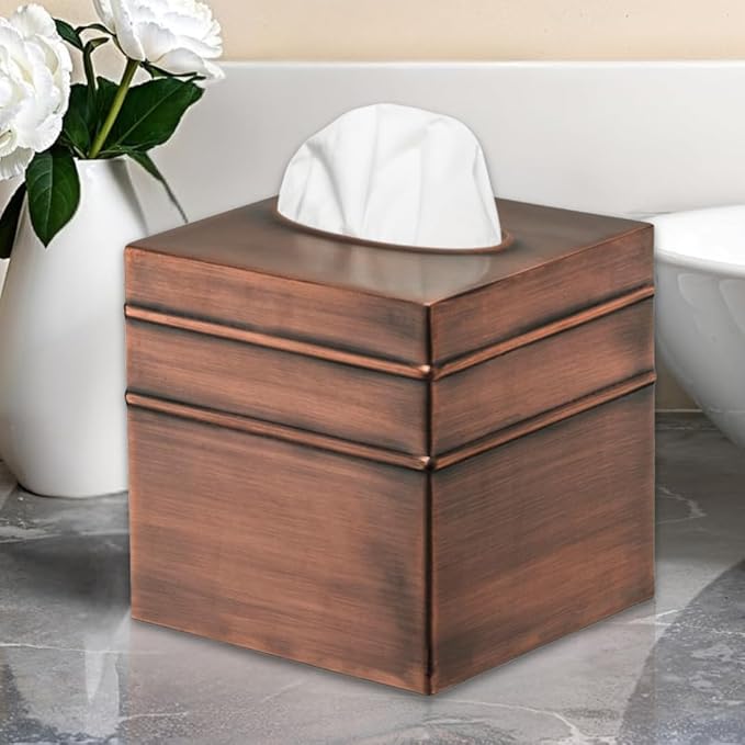 Monarch Abode Tissue Box Cover Square – Handcrafted Border Embossed Antique Copper Metal Tissue Holder Box for Bathroom Accessory, Aesthetic Decorative Facial Napkin Cube for Modern Home Decor
