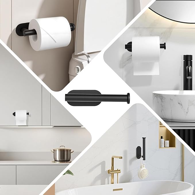 2 Pack Toilet Paper Holder, Adhesive Toilet Paper Holder Wall Mount, Premium Thicken SUS304 Stainless Steel, No Drilling Toilet Paper Stand Roll Holder for Bathroom Kitchen RV, Matte Black