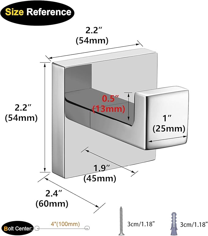 Nolimas Towel Hook Stainless Steel Bathroom Rustproof Clothes Towel Coat Hook Wall Mounted Square Toilet Kitchen, Heavy Duty Door Hanger, 2 Pack, Chrome Polished