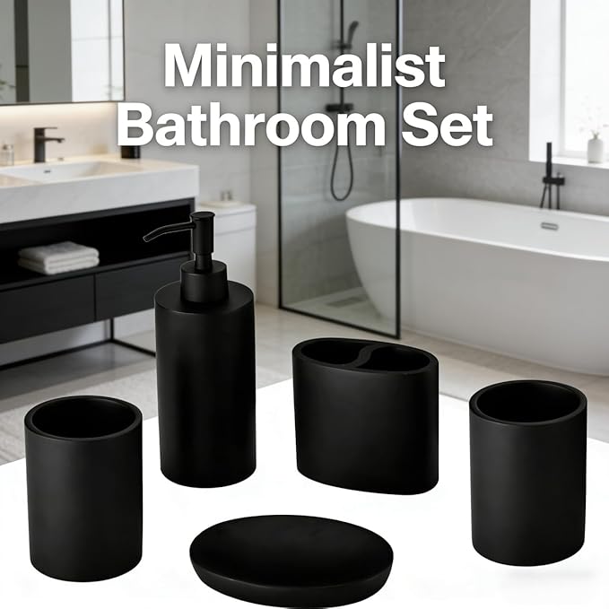 Matte Black 5 Piece Bathroom Accessories Set - Resin Countertop Kit with Soap Dispenser, Toothbrush Holder, 2 Tumbler Cups, Soap Dish