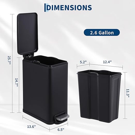 Garvee 12 Gal and 2.6 Gal Stainless Steel Trash Can Combo Set, Slim Garbage Can for Kitchen and Bathroom, Metal Trash Bin with Removable Inner Bucket & Step On Foot Pedal, Black