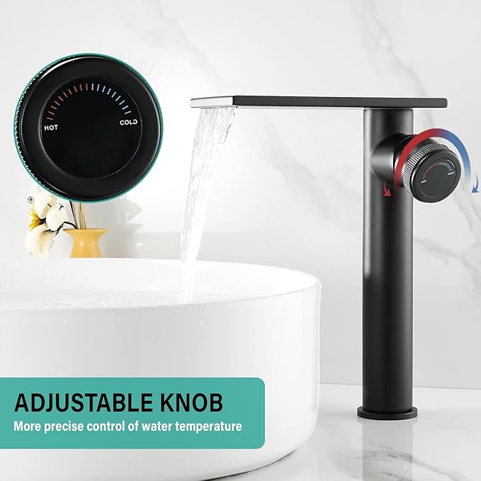 becola Modern Matte Black Bathroom Faucet，Tall Waterfall Faucet for Bathroom Sink，Single Hole Cold and Hot Basin Mixer Tap，Single Handle Vanity Faucet with Adjust Knobs and Two Supply Lines