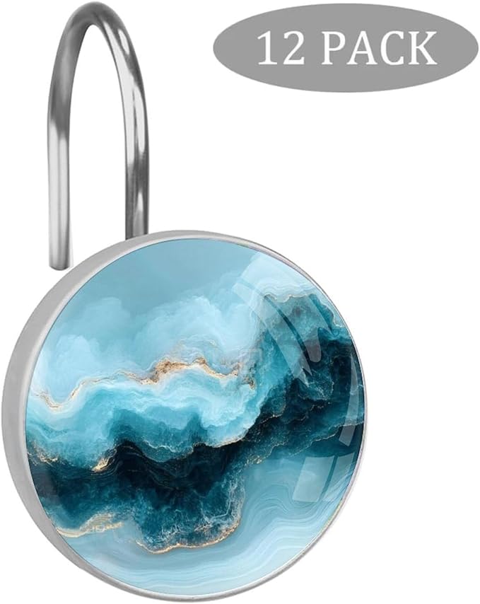 Grey-Blue Marble Decorative Shower Curtain Hooks,12 Pcs Rust Proof Glass Surface Stainless Steel Curtain Rings for Bathroom Bedroom Living Room Shower Rods Decor
