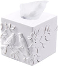 White Marble Relief Birds Square Tissue Box Cover Decorative,Resin Heavy Sturdy Tissue Box Holder, Facial Paper Holder for Bathroom Vanity Countertop, Bedroom Night Stand,Office and End Table