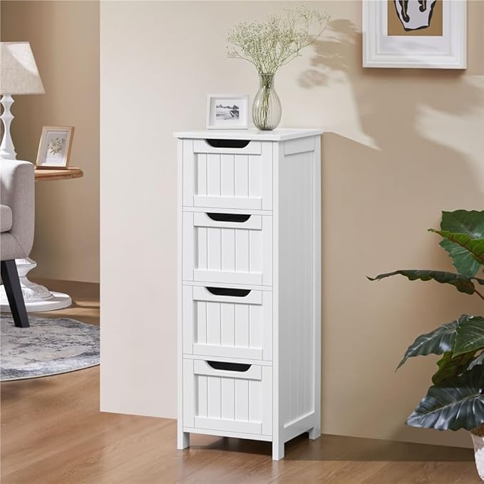 Yaheetech Bathroom Floor Cabinet, Wooden Side Storage Organizer, 4 Drawers Free-Standing Cabinet for Bathroom/Hallway/Living Room, White