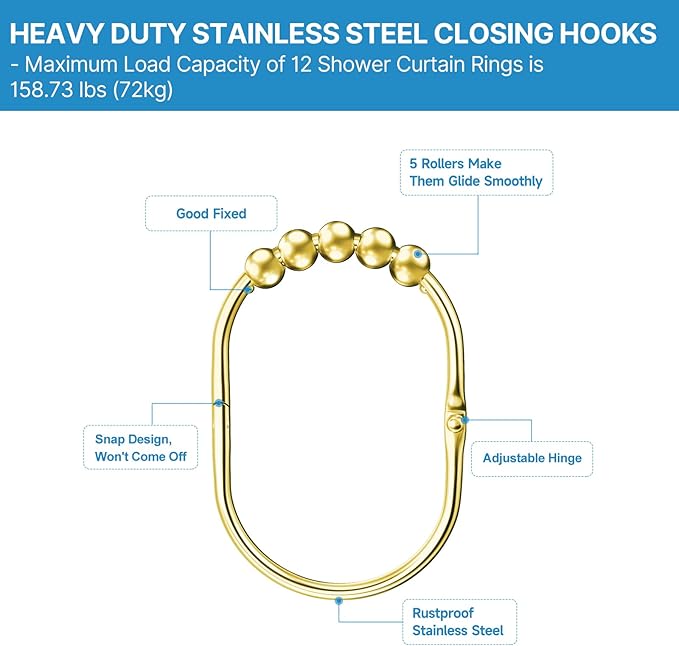 12PCS Wide Shower Curtain Hooks, Rust Proof Stainless Steel Shower Curtain Rings, Heavy Duty Shower Hooks for Shower Curtain Bathroom Curtain Hooks, Easy Glide Rollers, Set of 12, Gold
