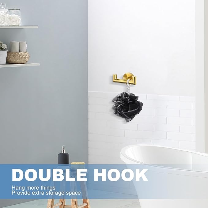 ALEASHA Shower Towel Hook Brushed Gold, Stainless Steel Towel Hanger, Heavy Duty Double Towel Hook, Towel Holder for Bathroom, Wall Mount Robe Hook