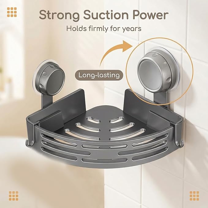 No-Drill Bathroom Corner Shelf, 3 Tier Corner Shelf Bathroom, Suction Cup Corner Shower Shelf, Wall Mounted Storage Rack for Bathroom & Kitchen (1PCS-Gray)