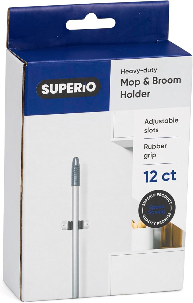 Superio Mop and Broom Holder, Set of 12 Single Piece Hooks, Stainless Steel Wall Mount Cleaning Storage Tool Organizer, Heavy-Duty Hook for Kitchen, and Office