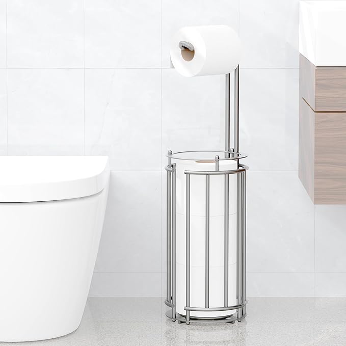 Meangood Toilet Paper Holder Stand and Tissue Paper Roll Dispenser for 4 Mega Rolls (Matte Silver)