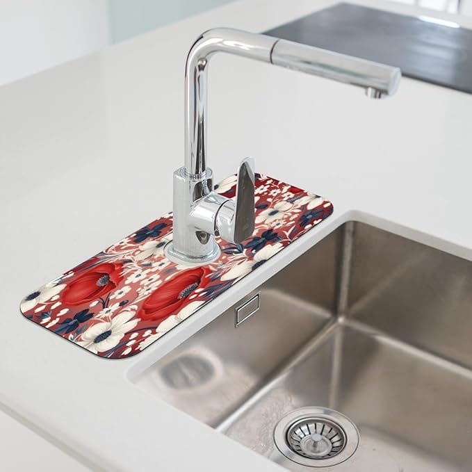 Red White Floral Bliss Kitchen Faucet Mat Splash Guard, 15.4”x5.7” Absorbent Quick Drying Sink Mat for Countertop Protection, Draining Mat Sink Protectors For Kitchen Bathroom, 2 Pack