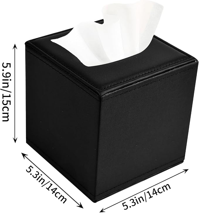 PU Leather Tissue Box Cover with Magnetic Closure,Square Tissue Box Holder with Magnetic Closure at The Bottom，Used for Bathroom Vanity Countertop Night Stands Bedroom Office Desk and Offices-Black