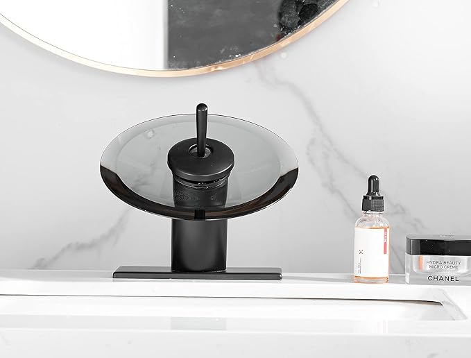 Bathroom Faucet Black Glass Spout Waterfall Single Handle One Hole Bath Sink Faucet Vanity Lavatory Basin Mixer Tap with Cover Plate Deck Mount Commercial
