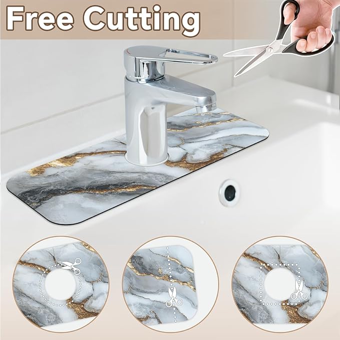 Kitchen Sink Splash Guard Faucet Mat White Marble 2PCS Super Absorbent Fast Drying Faucet Guard & Draining Mat Sink Splash Guard Behind Faucet Drip Catcher for Kitchen Bathroom RV (15.4" X 5.7" )