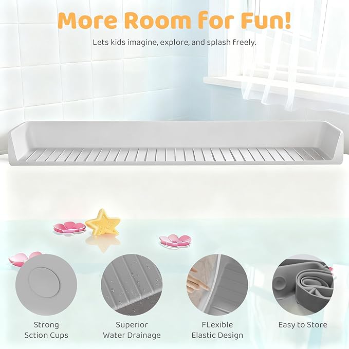 Bathtub Splash Guard for Tub Kids, Longer Silicone Water Splash Guard for Bathtub, Toy Holder Play Shelf for Bathtime，Silicone Tub Splash Guard Prevent Water Spills in Bathroom (Gray)