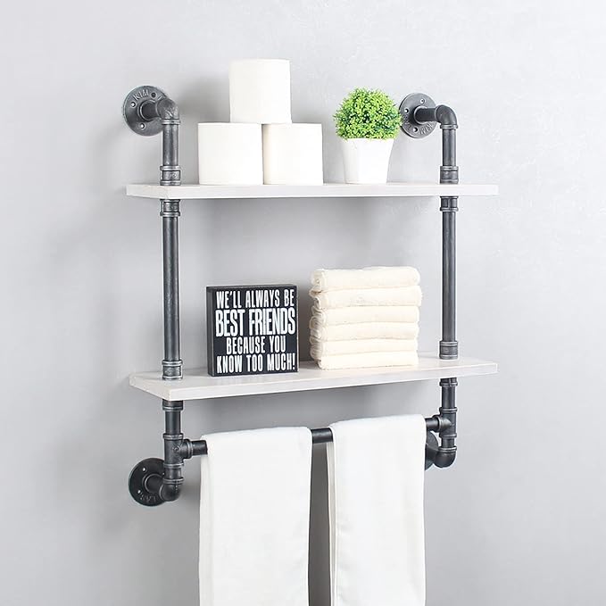 Iron Pipe Shelves Industrial Bathroom Shelves with Towel bar,24in Rustic Metal Pipe Floating Shelves Pipe Wall Shelf,2 Tier Industrial Shelf Wall Mounted,Retro White