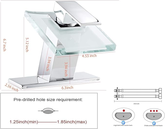 Bathroom Sink Faucet Waterfall Glass Spout LED Light 3 Colors Changing Hot and Cold Water Mixer Single Handle One Hole Deck Mounted Bathroom Faucet Lavatory Vanity Basin Tap Chrome