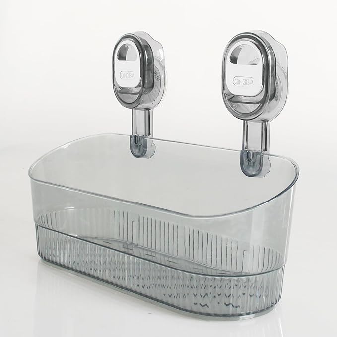No Drill Bathroom Organizer with Strong Suction Cups, Heavy Duty Shower Organizer Holds 10lbs, Bathroom Shelf for Shampoo, Soap, Razor, Toothbrush (transparent gray)