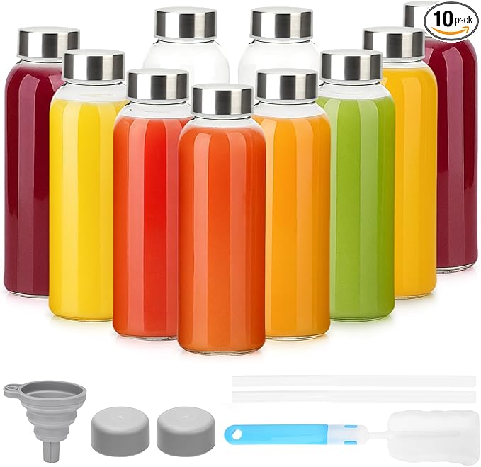 10 oz Clear Glass Bottle with Lid, Reusable Glass Water Bottles with Stainless Steel Cap & Straws for Juicing, Milk, Ginger & Smoothies, Refrigerator, Leak-Proof, Juice Containers Set of 10