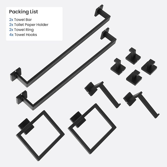 FAHKNS 10 PCS Bathroom Hardware Accessories Set 23.6 Inch Stainless Steel Bath Towel Bar Set Square Towel Ring Set for Bathroom Wall Mounted, Black