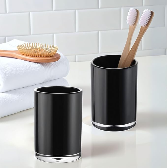 Premium Black Bathroom Tumbler, Toothbrush Cup, Reusable Bathroom Cup, Toothbrush Holder for Bathroom Vanity Countertops, 2 Pack