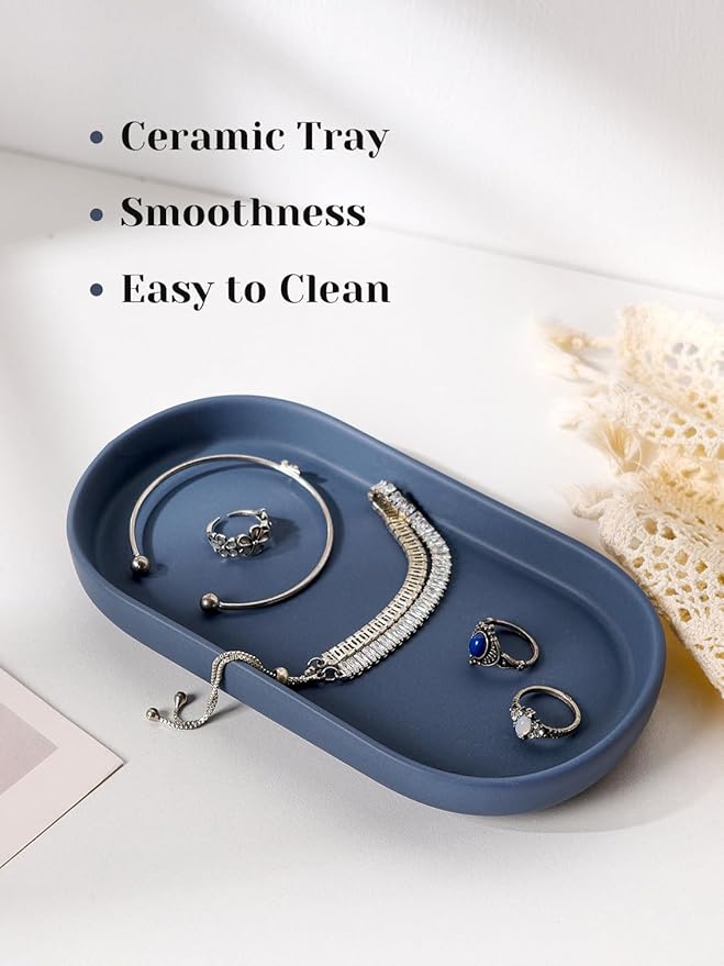 INGOFIN 7" Ceramic Bathroom Vanity Tray- Bathroom Organizer Countertop Tray for Perfume, Jewelry, Candles, Small Kitchen Counter Soap Tray, Decorative for Bathroom Vanity, Toilet Tank, Blue