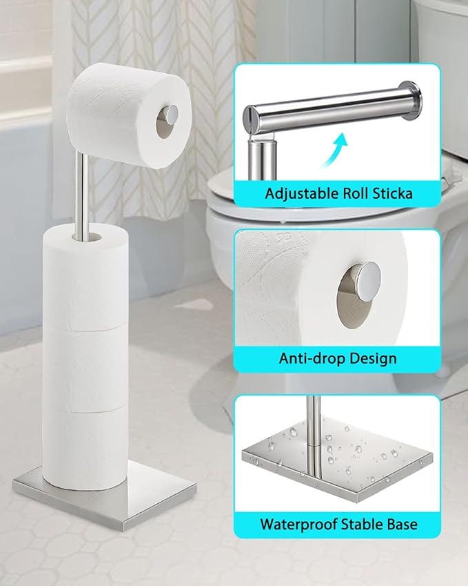 Toilet Paper Holder Stand, Free Standing Toilet Paper Holder with 4 Rolls for Bathroom, Weighted Base Toilet Paper Stand, Chrome