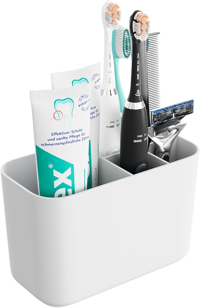 Toothbrush Holder for Bathroom Countertop and Wall with Adhesive, 5 Slots Family Size Electric Tooth Brush and Paste Holder, Kids Tooth Rush Holders and Toothpaste Organizer - White
