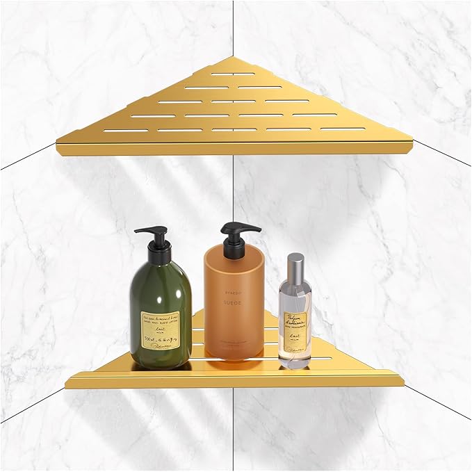 YACVCL Brushed Gold Corner Shower Shelf 304 Stainless Steel 10" Recessed Corner Shelf Bathroom for Tiled Wall,No Drilling Floating Shower Shelves Shampoo Holder, 2 Pack