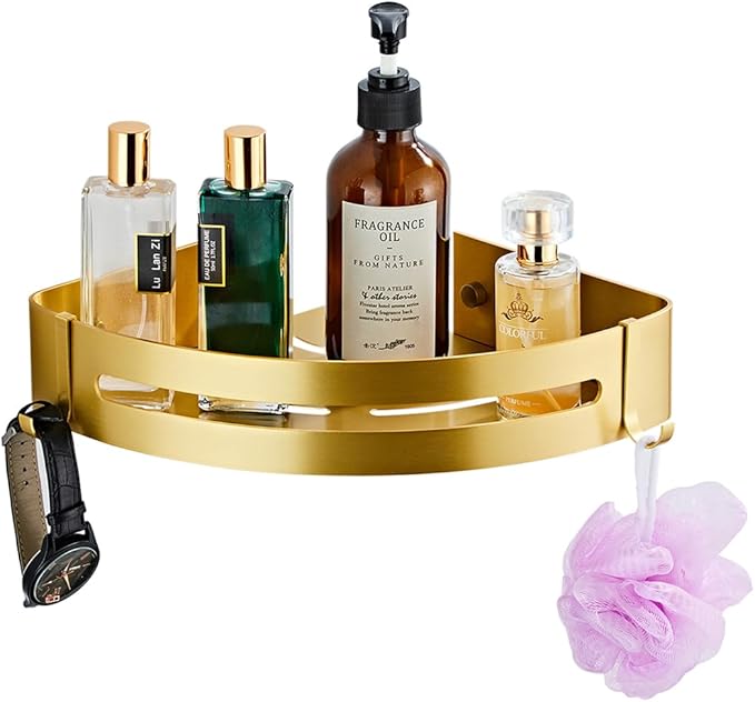 Brushed Gold Bathroom Corner Shelf Wall Mount Shower Organizer Shampoo Holder with Hooks,Adhesive or Drilling