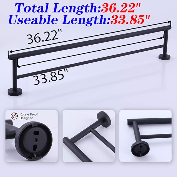 GERZWY 36-Inch Bathroom Double Towel Bar SUS 304 Stainless Steel Bath Towel Bar Matte Black Modern Style Wall Mount AG1102C92-BK