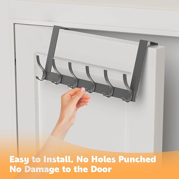 Over The Door Hooks, Sturdy Door Hanger, Large Over The Door Towel Rack with 12 Hooks, Heavy Duty Easy to Install, for Bathroom, Bedroom，Kitchen，Hanging Towels, Coats (Grey)