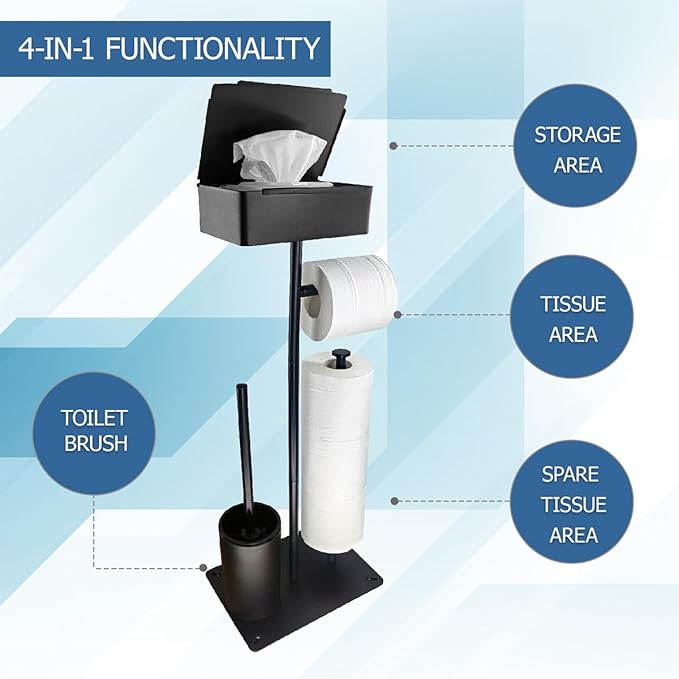 Black Freestanding Toilet Paper Holder with Brush | No Drill Bathroom Organizer Stand | Rustproof Metal Toilet Paper Stand with Anti-Slip Base and Storage & Brush Holder for Small Bathroom
