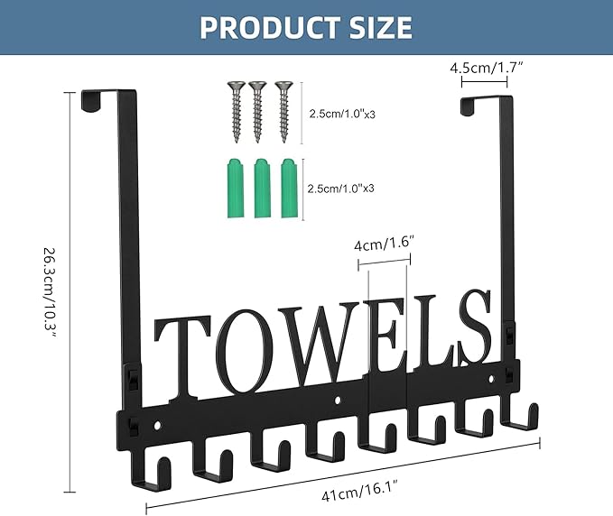 Over The Door Hooks, Towel Rack for Bathroom Towel Holder for Hanging Heavy Duty, Wall Mount Towel Hanger with 8 Hooks for Bedroom Bathroom Pool Kitchen Towels, Bag, Coats, Black